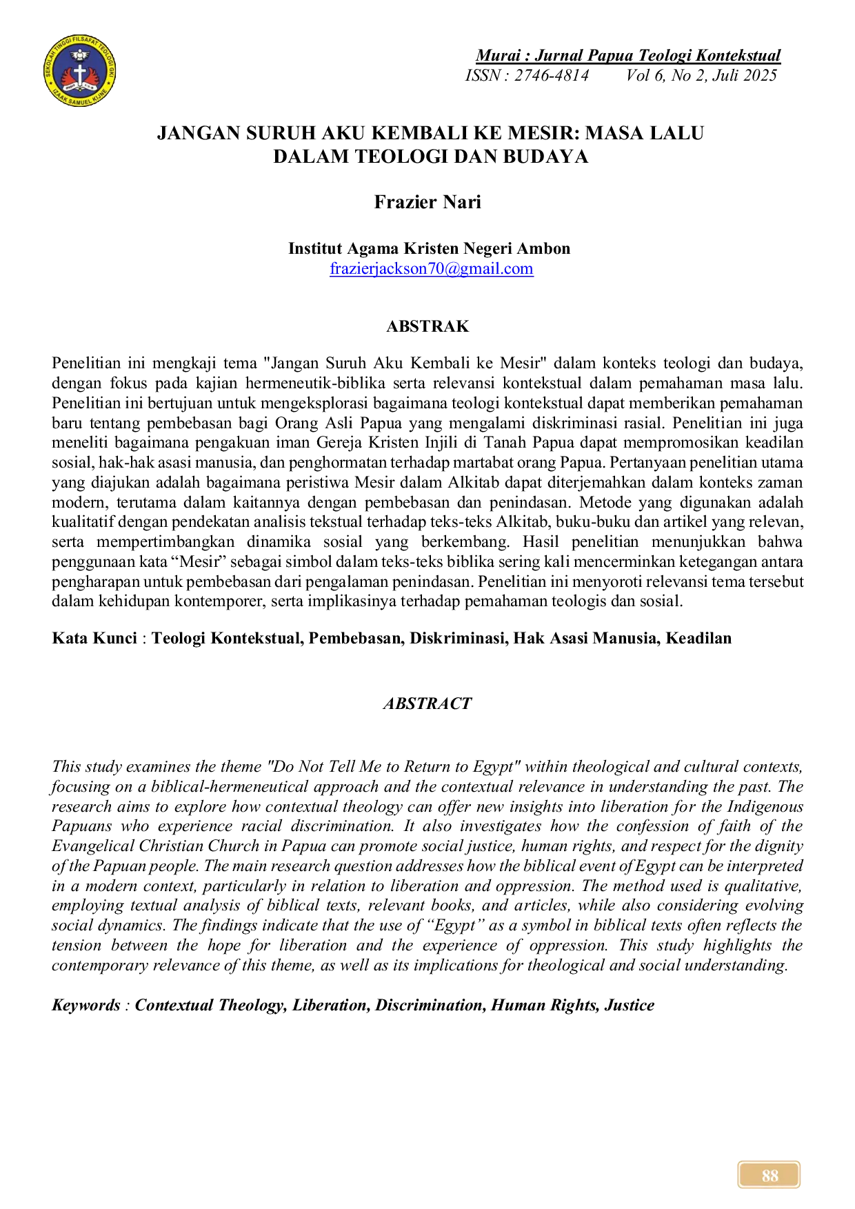 JURIS Jangan Suruh Aku Kembali Ke Mesir Masa Lalu Dalam Teologi Dan Budaya