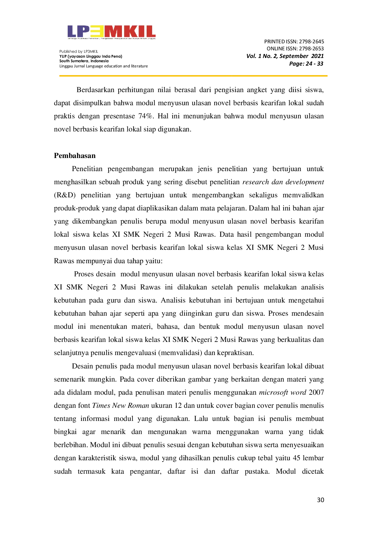 JURIS Modul Menyusun Ulasan Novel Berbasis Kearifan Lokal Pengembangan Bahan Ajar Sastra pada Siswa Kelas XI SMK Negeri 2 Musi Rawas