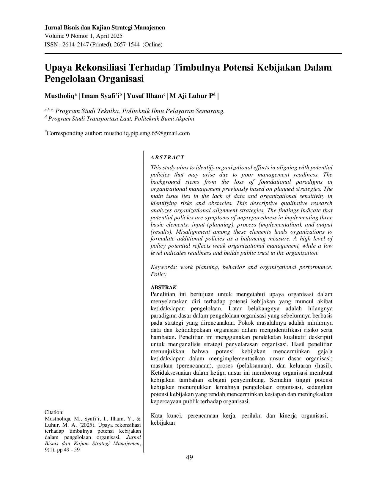 JURIS Upaya Rekonsiliasi Terhadap Timbulnya Potensi Kebijakan Dalam Pengelolaan Organisasi