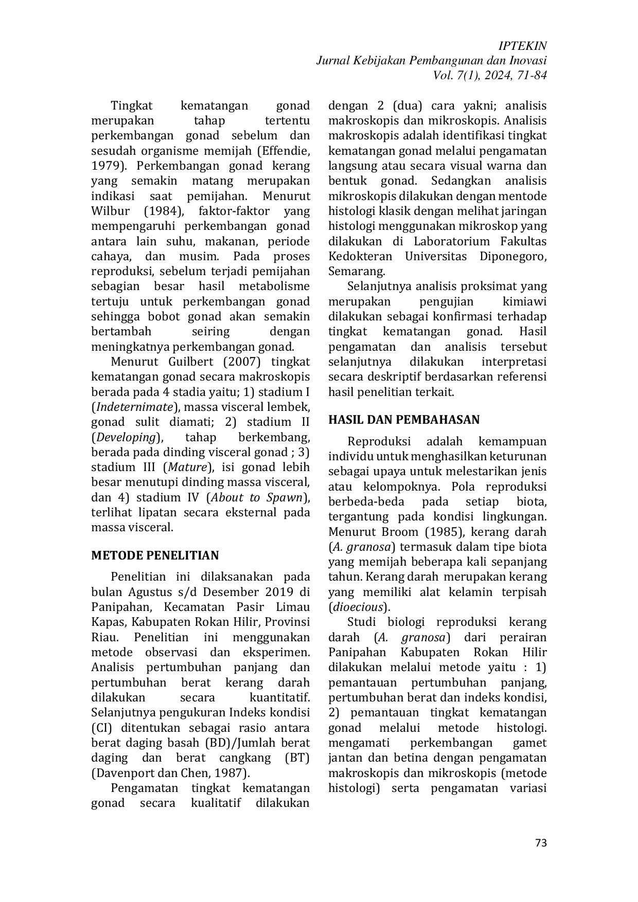 JURIS Identifikasi Tingkat Kematangan Gonad Kerang Darah Anadara Granosa Di Panipahan Kabupaten Rokan Hilir Provinsi Riau