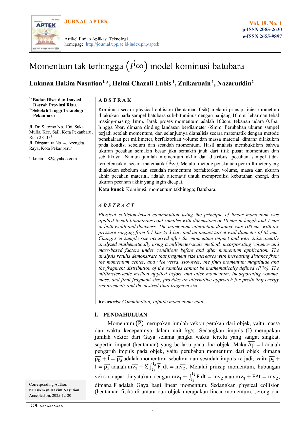 JURIS Momentum tak terhingga model kominusi batubara