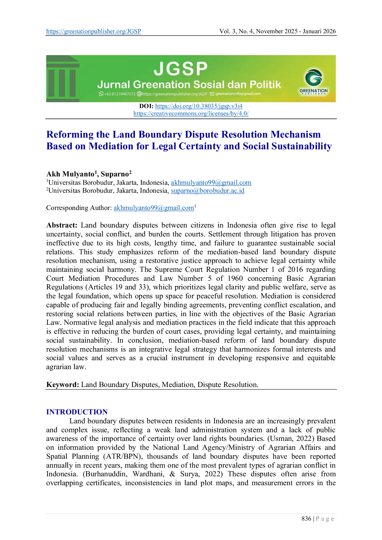 JURIS Reforming the Land Boundary Dispute Resolution Mechanism Based on Mediation for Legal Certainty and Social Sustainability