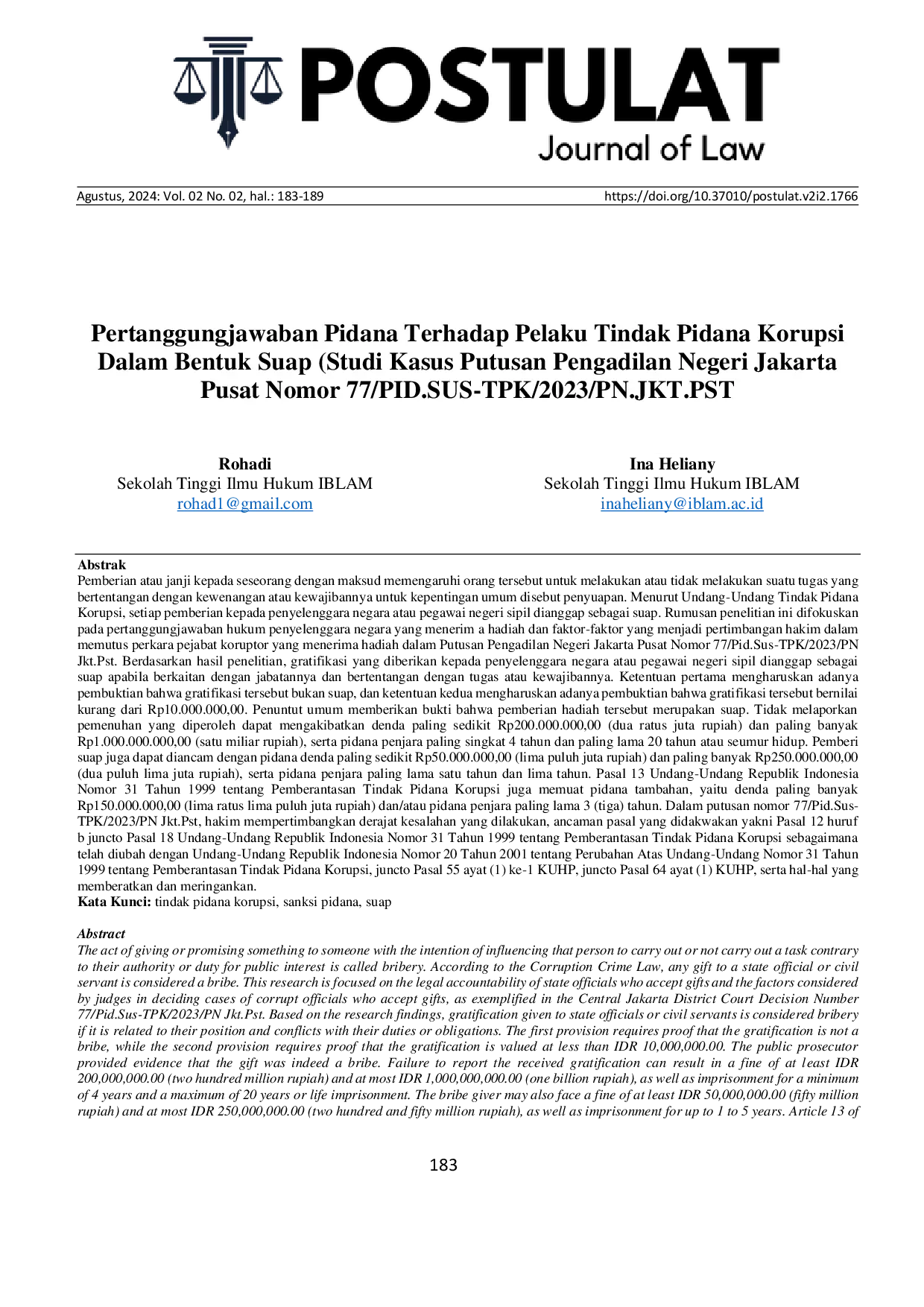 JURIS Pertanggungjawaban Pidana Terhadap Pelaku Tindak Pidana Korupsi Dalam Bentuk Suap Studi Kasus Putusan Pengadilan Negeri Jakarta Pusat Nomor 77 PID SUS TPK 2023 PN JKT PST