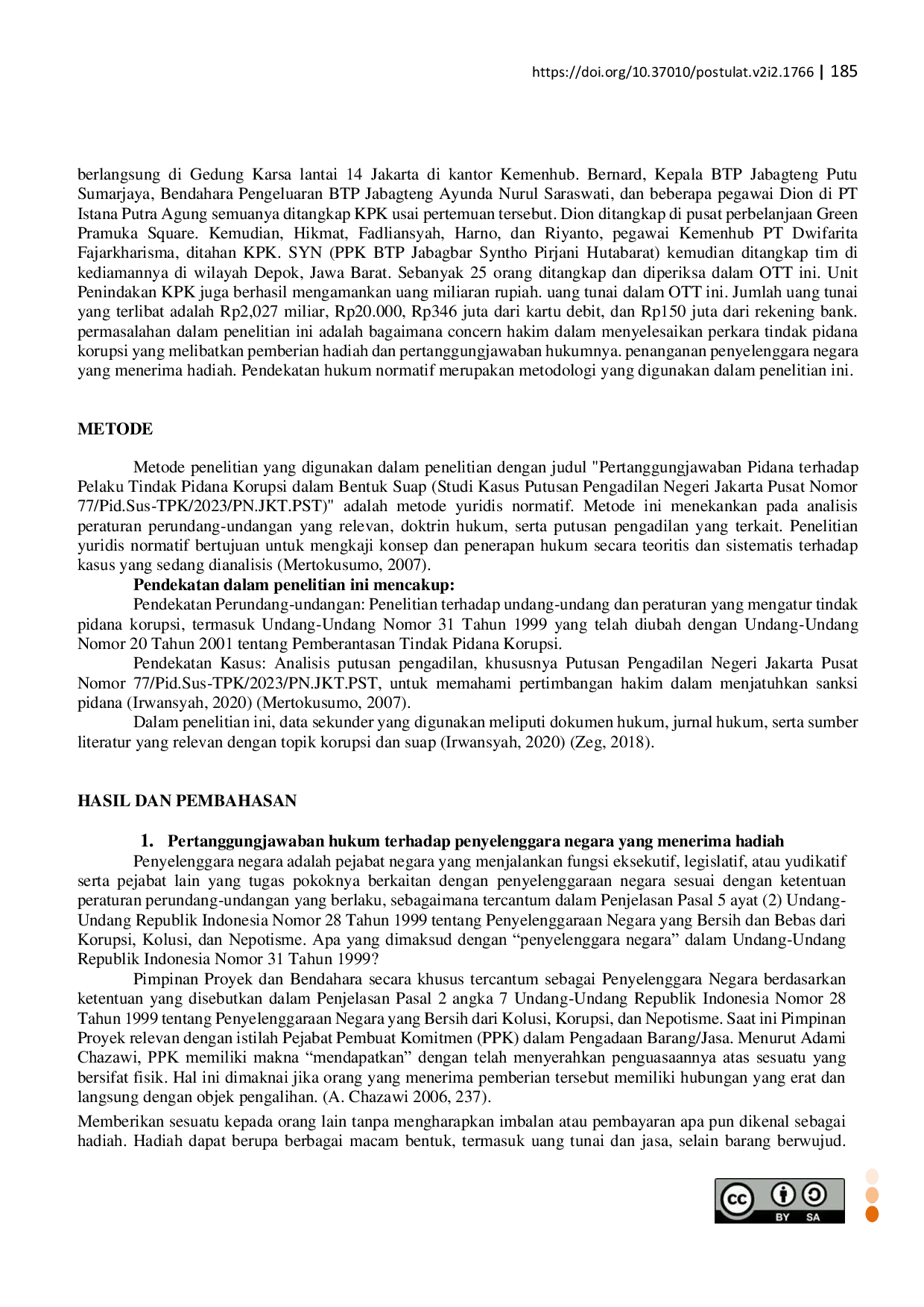 JURIS Pertanggungjawaban Pidana Terhadap Pelaku Tindak Pidana Korupsi Dalam Bentuk Suap Studi Kasus Putusan Pengadilan Negeri Jakarta Pusat Nomor 77 PID SUS TPK 2023 PN JKT PST