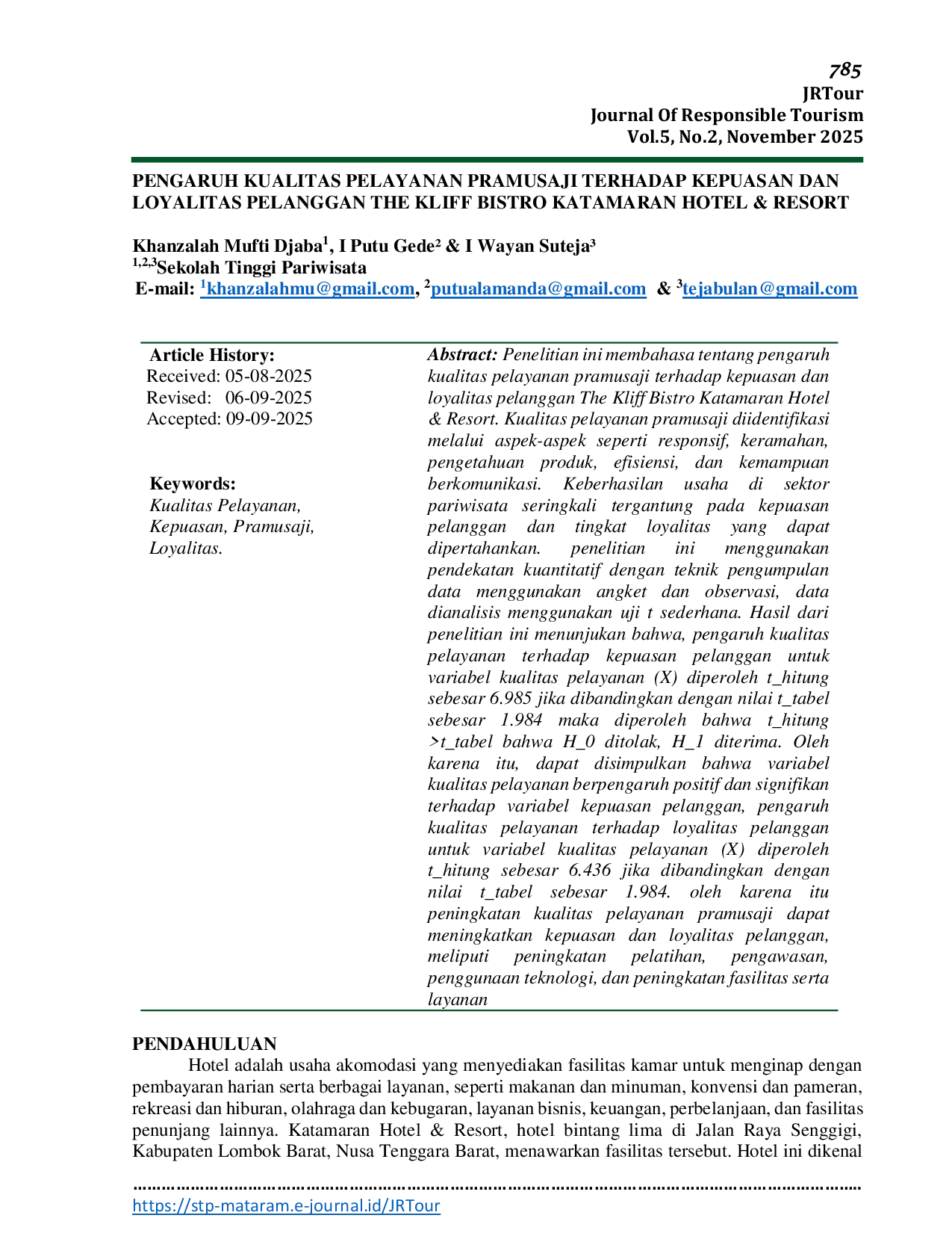 JURIS Pengaruh Kualitas Pelayanan Pramusaji Terhadap Kepuasan Dan Loyalitas Pelanggan The Kliff Bistro Katamaran Hotel Resort