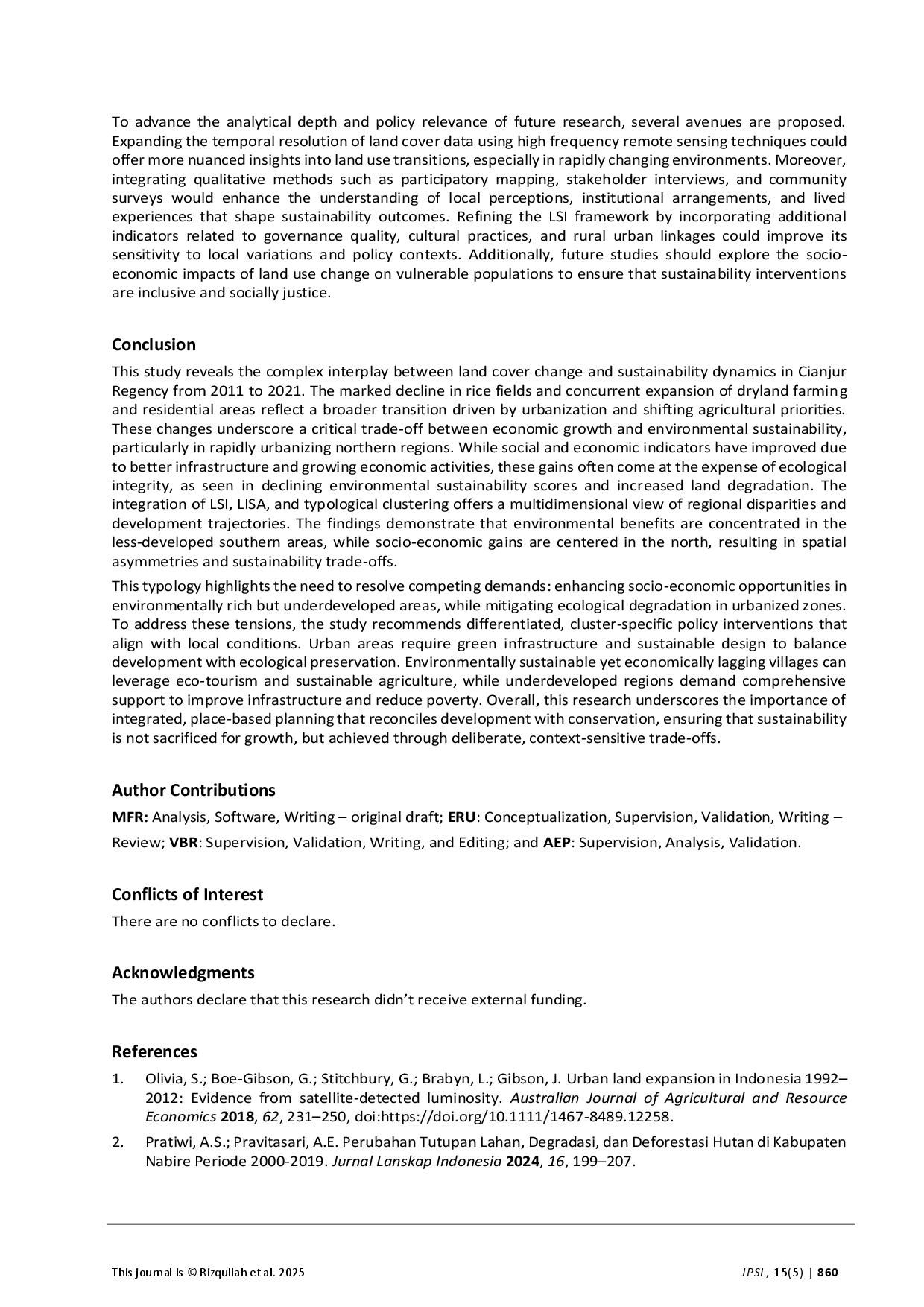 juris Dinamika Spatiotemporal Perubahan Tutupan Lahan dan Indeks Keberlanjutan Lokal Kabupaten Cianjur Jawa Barat