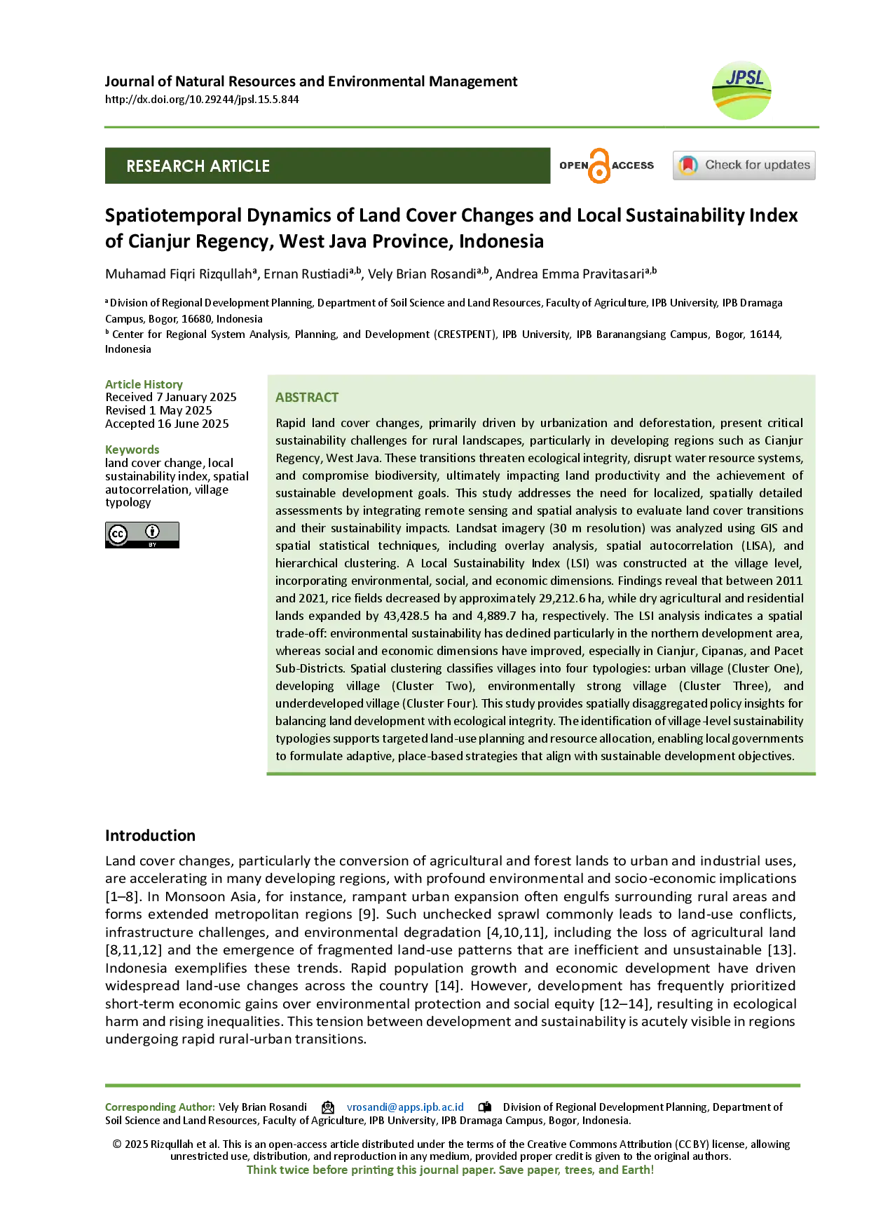 juris Dinamika Spatiotemporal Perubahan Tutupan Lahan dan Indeks Keberlanjutan Lokal Kabupaten Cianjur Jawa Barat