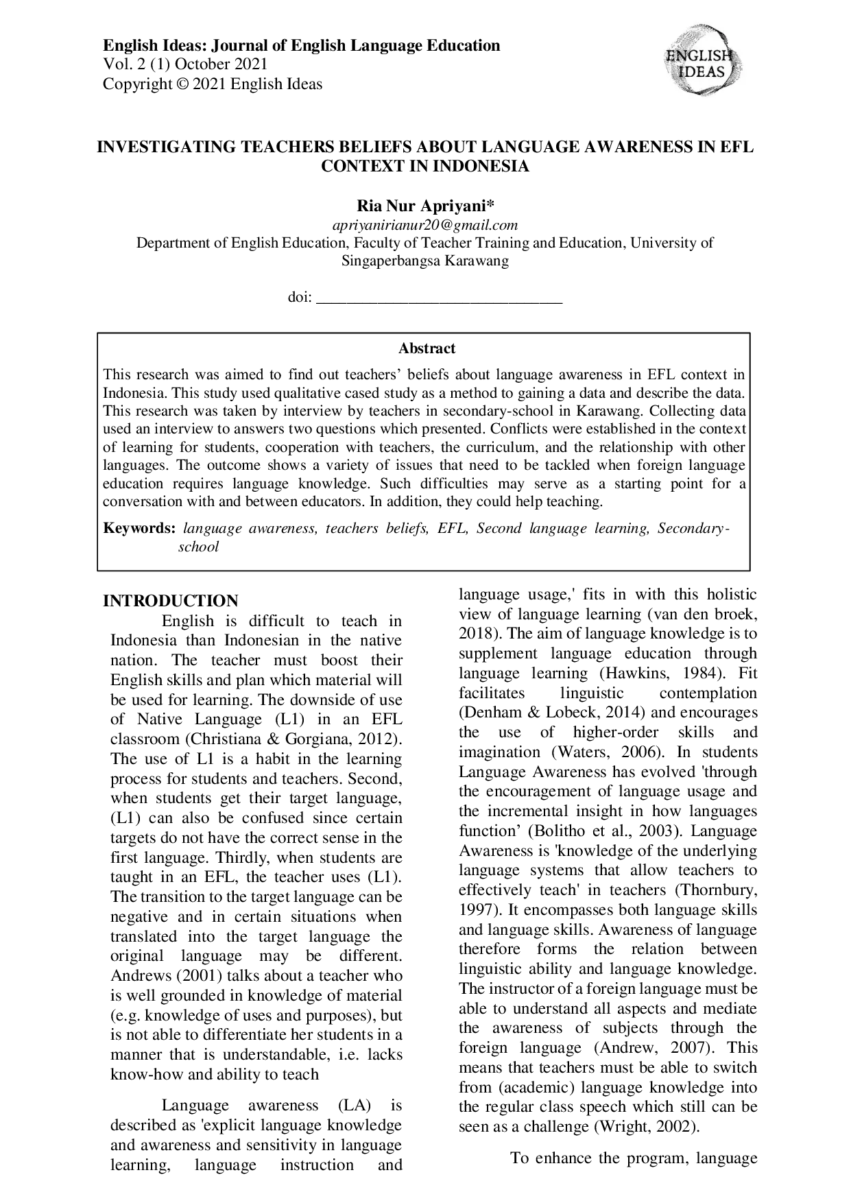 JURIS The Investigating Teachers Beliefs About Language Awareness in EFL Context in Indonesia