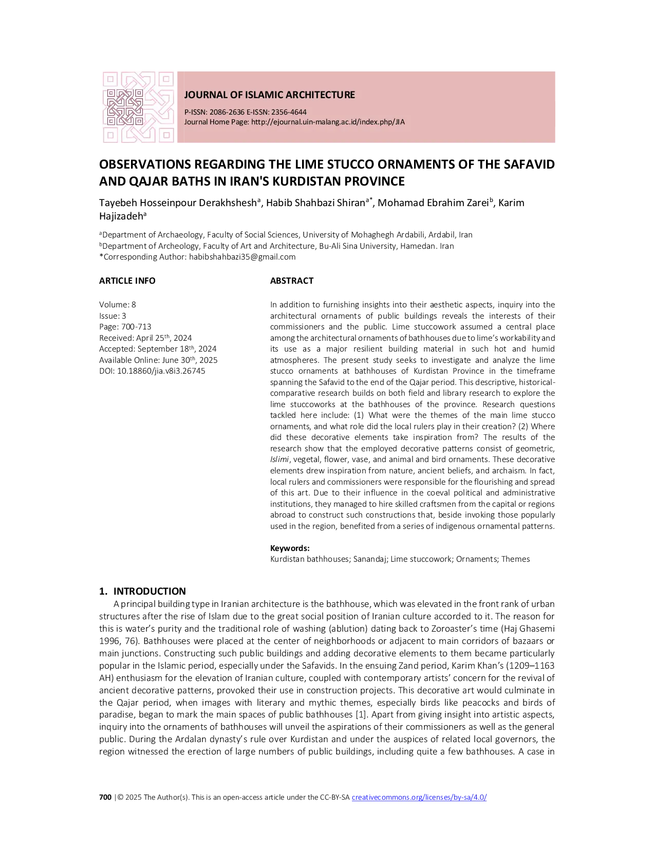 JURIS Observations Regarding the Lime Stucco Ornaments of the Safavid and Qajar Baths in Iran s Kurdistan Province