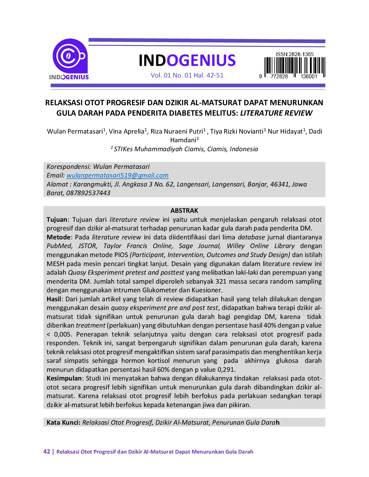 JURIS Relaksasi Otot Progresif dan Dzikir Al Matsurat Dapat Menurunkan Gula Darah pada Penderita Diabetes Melitus Literature Review