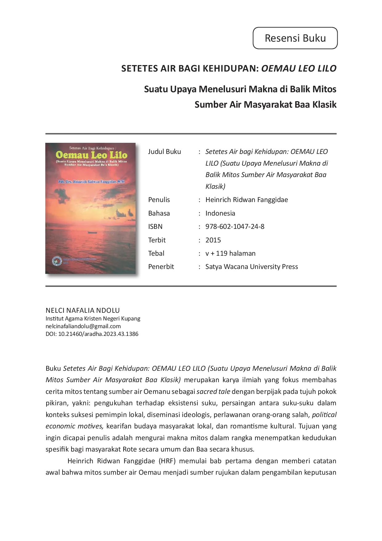 JURIS Resensi Buku Setetes Air bagi Kehidupan OEMAU LEO LILO Suatu Upaya Menelusuri Makna di Balik Mitos Sumber Air Masyarakat Baa Klasik