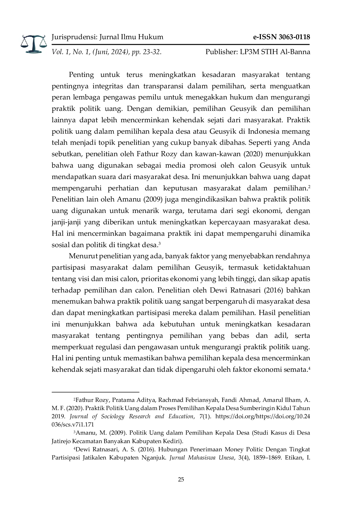 JURIS Fenomena Money Politic Pada Pemilihan Geusyik Desa Ujong Baroh Tahun 2019