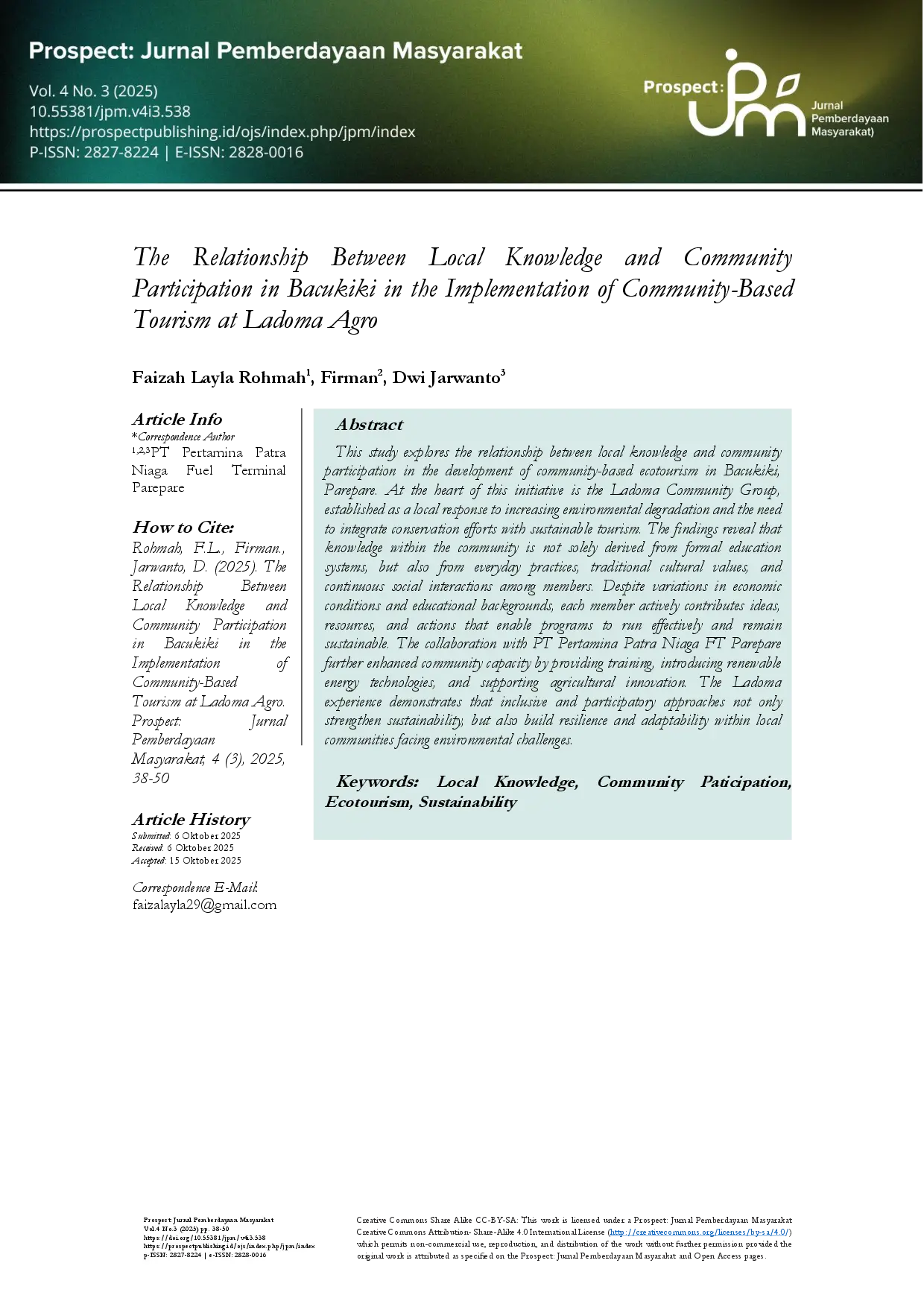 juris The Relationship Between Local Knowledge and Community Participation in Bacukiki in the Implementation of Community Based Tourism at Ladoma Agro
