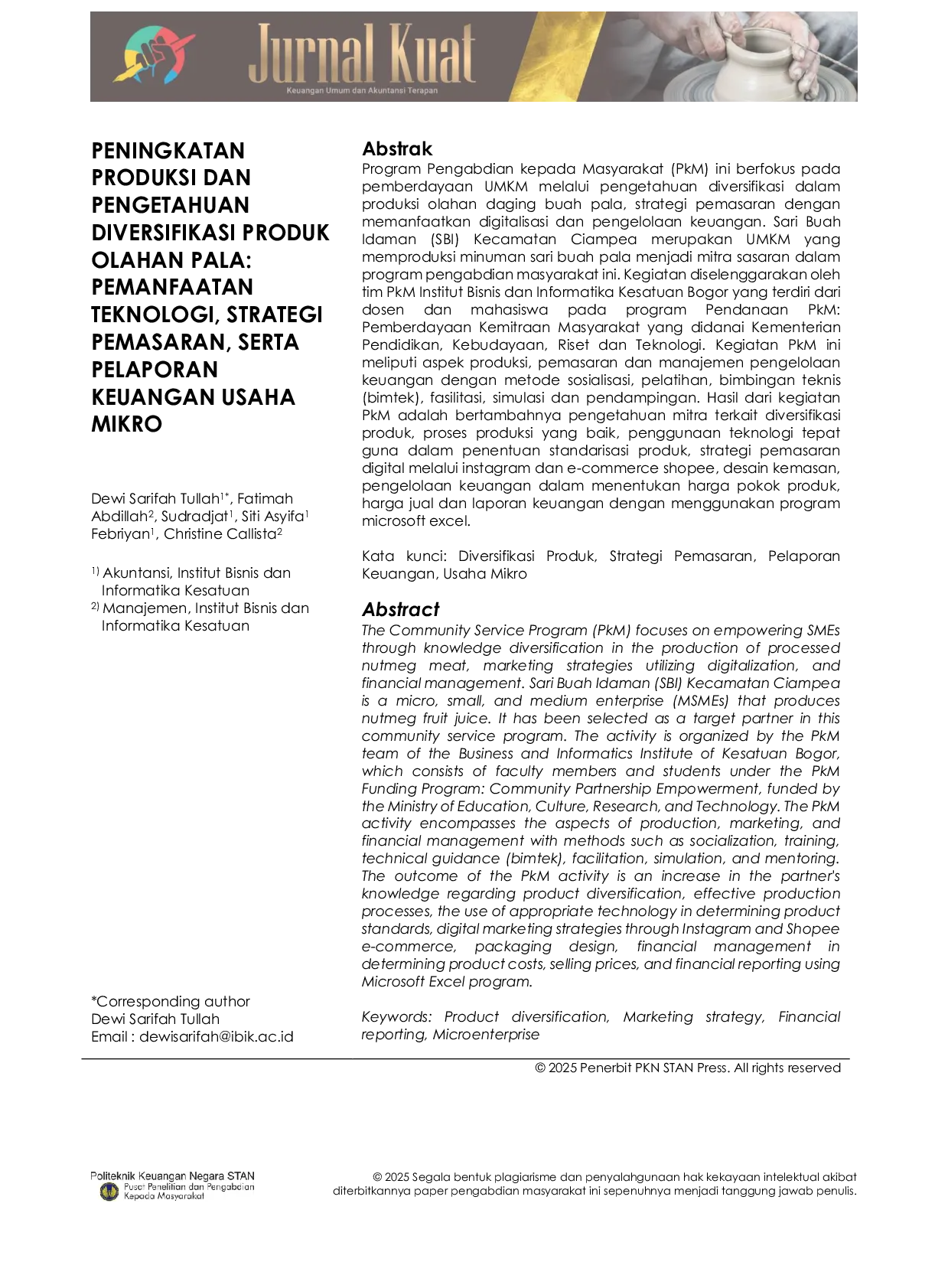 JURIS Peningkatan Produksi dan Pengetahuan Diversifikasi Produk Olahan Pala Pemanfaatan Teknologi Strategi Pemasaran serta Pelaporan Keuangan Usaha Mikro
