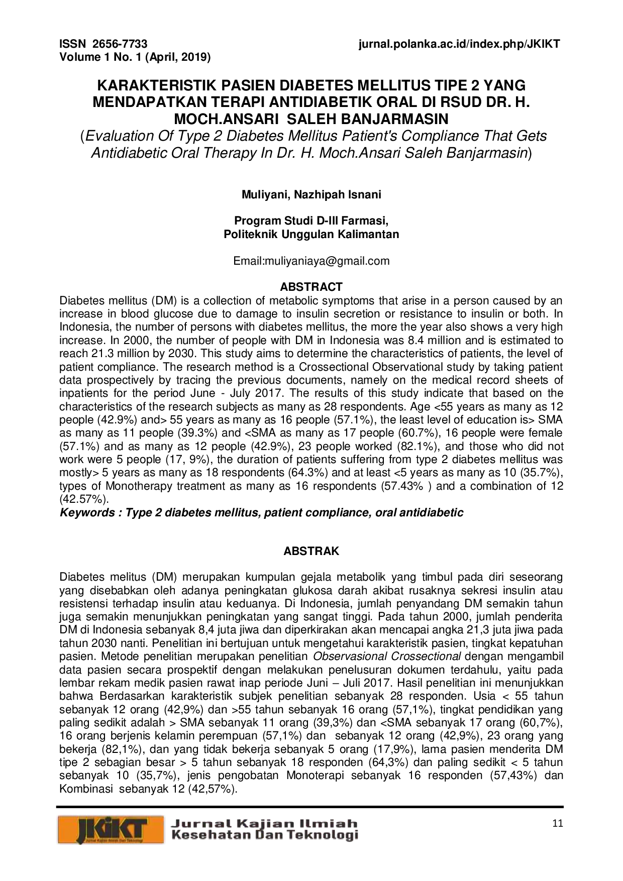 JURIS Karakteristik Pasien Diabetes Mellitus Tipe 2 Yang Mendapatkan Terapi Antidiabetik Oral Di Rsud Dr H Moch Ansari Saleh Banjarmasin