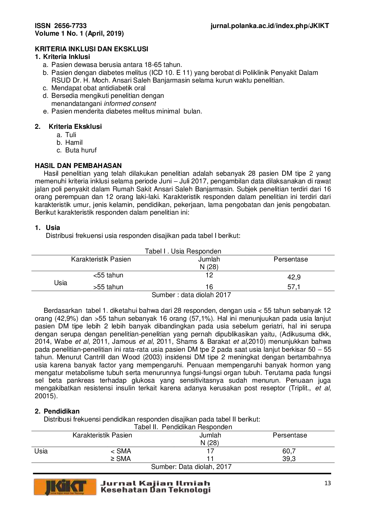 JURIS Karakteristik Pasien Diabetes Mellitus Tipe 2 Yang Mendapatkan Terapi Antidiabetik Oral Di Rsud Dr H Moch Ansari Saleh Banjarmasin