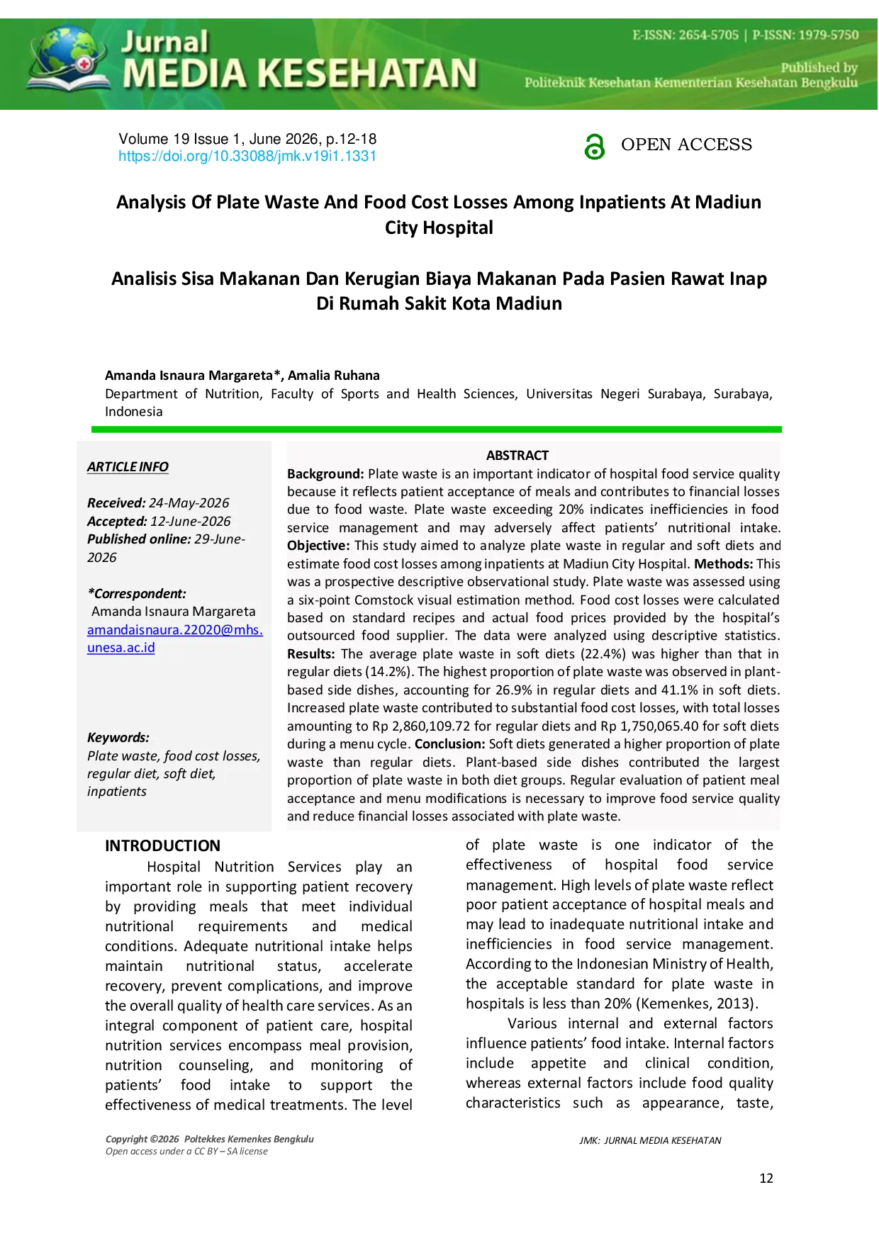 JURIS Analysis Of Plate Waste And Food Cost Losses Among Inpatients At Madiun City Hospital Analysis Of Plate Waste And Food Cost Losses Among Inpatients At Madiun City Hospital