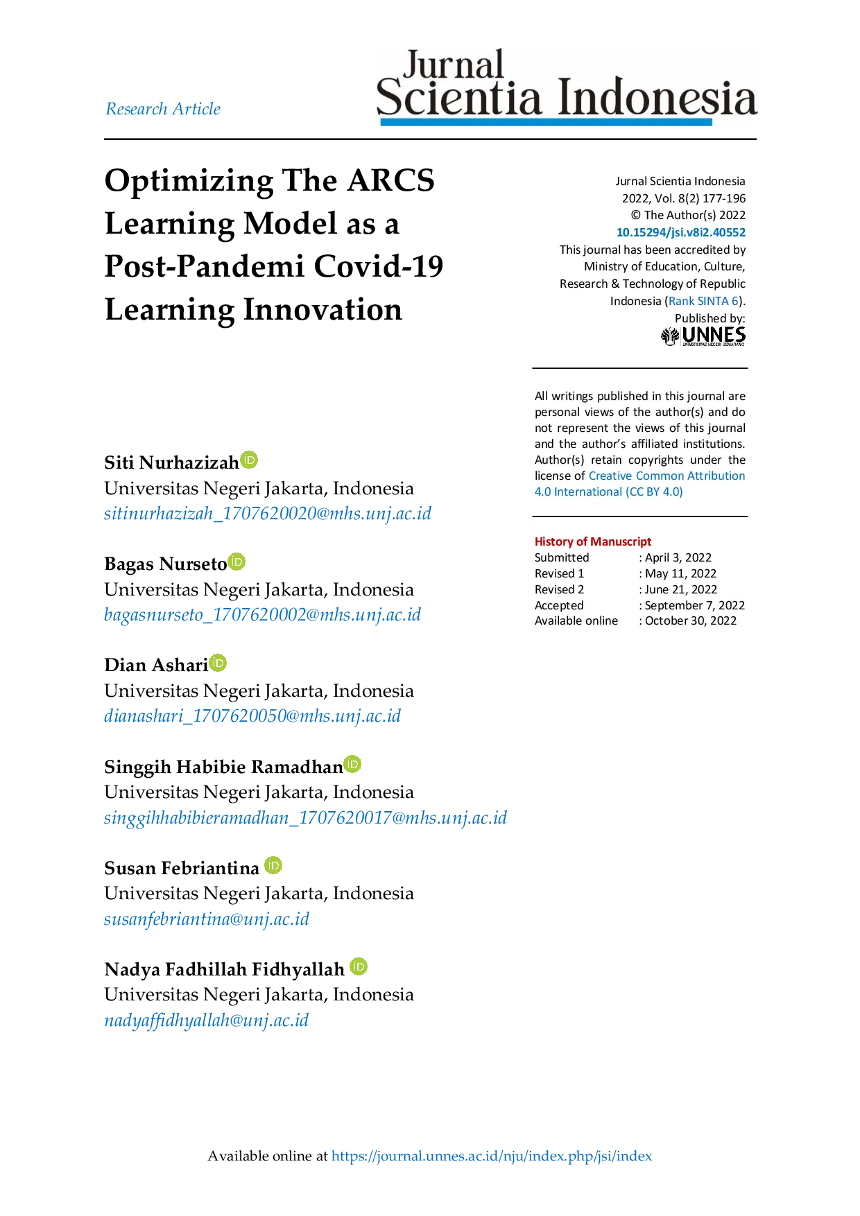 JURIS Optimizing The ARCS Learning Model as a Post Pandemi Covid 19 Learning Inovation