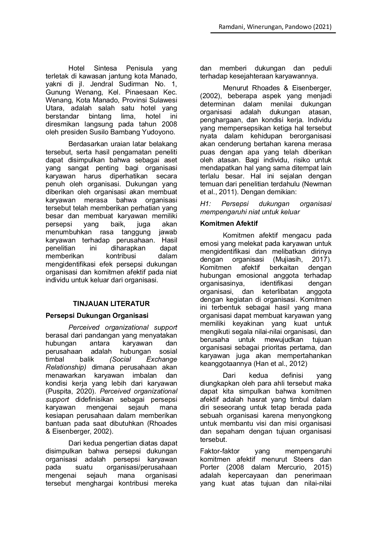 JURIS Pengaruh Persepsi Dukungan Organisasi Dan Komitmen Afektif Terhadap Niat Untuk Keluar