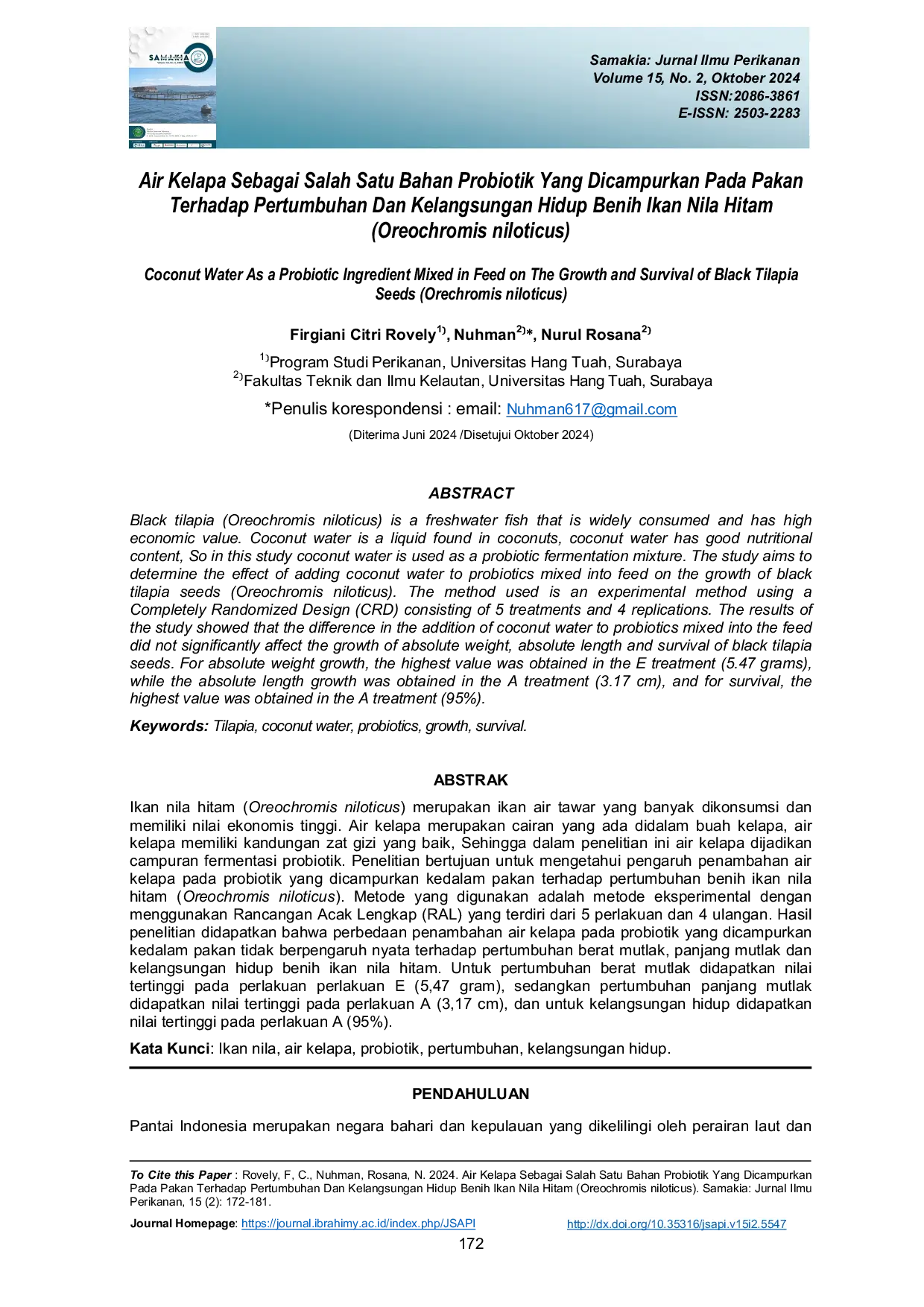 JURIS Air Kelapa Sebagai Salah Satu Bahan Probiotik Yang Dicampurkan Pada Pakan Terhadap Pertumbuhan Dan Kelangsungan Hidup Benih Ikan Nila Hitam Oreochromis niloticus