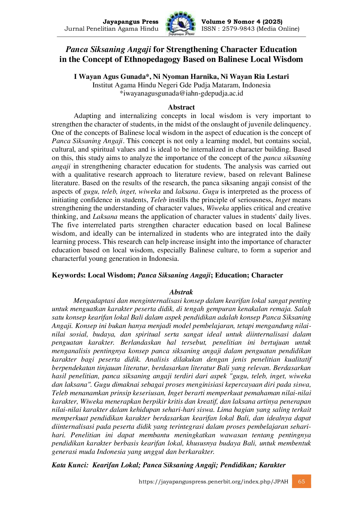 JURIS Panca Siksaning Angaji for Strengthening Character Education in the Concept of Ethnopedagogy Based on Balinese Local Wisdom