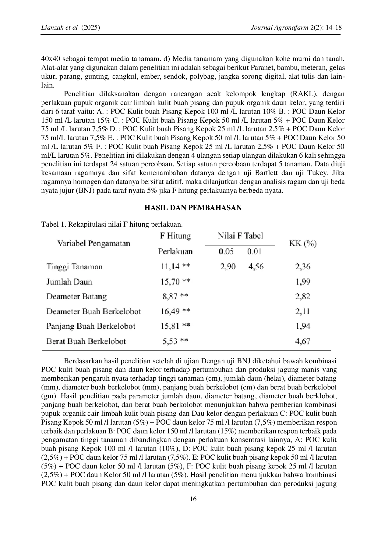 JURIS PENGARUH PEMBERIAN PUPUK ORGANIK CAIR LIMBAH KULIT BUAH PISANG DAN DAUN KELOR TERHADAP PERTUMBUHAN DAN PRODUKSI JAGUNG MANIS Zea mays sacaratha Sturt