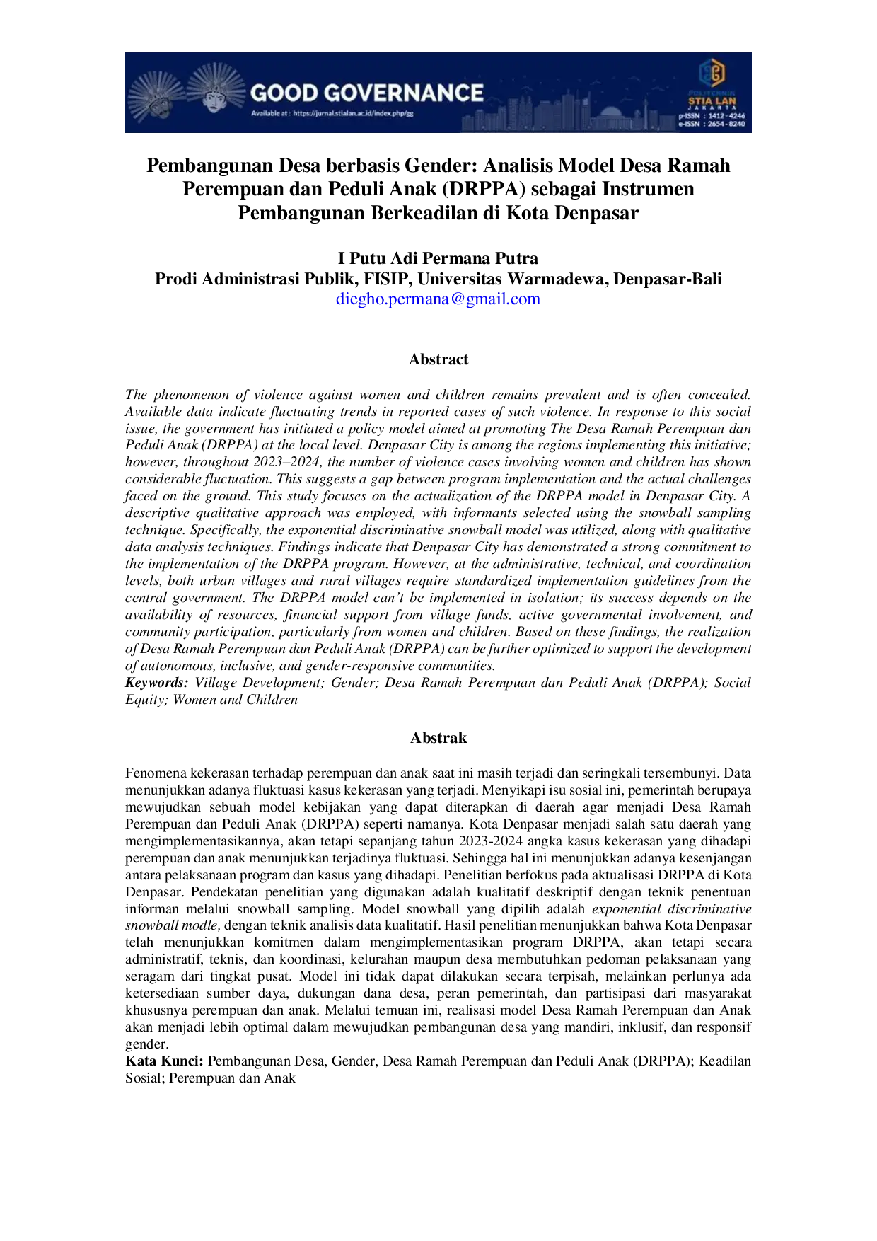 JURIS Pembangunan Desa berbasis Gender Analisis Model Desa Ramah Perempuan dan Peduli Anak DRPPA sebagai Instrumen Pembangunan Berkeadilan di Kota Denpasar