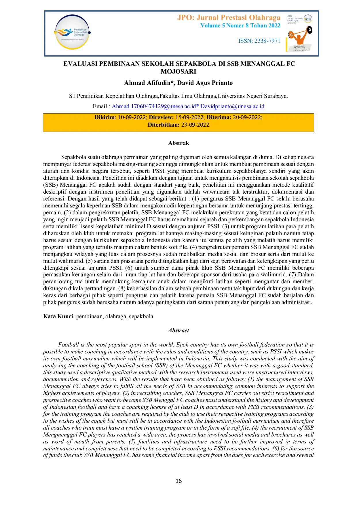 JURIS Evaluasi Pembinaan Sekolah Sepakbola di SSB Menanggal FC Mojokerto