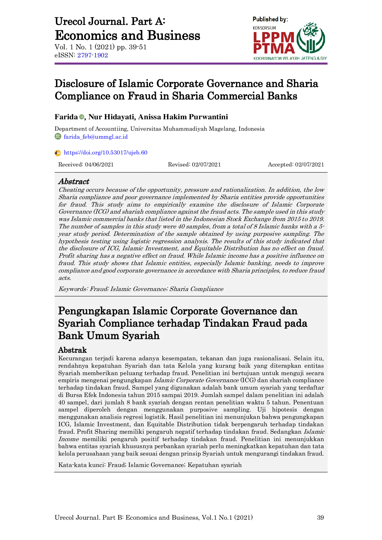 JURIS Disclosure of Islamic Corporate Governance and Sharia Compliance on Fraud in Sharia Commercial Banks