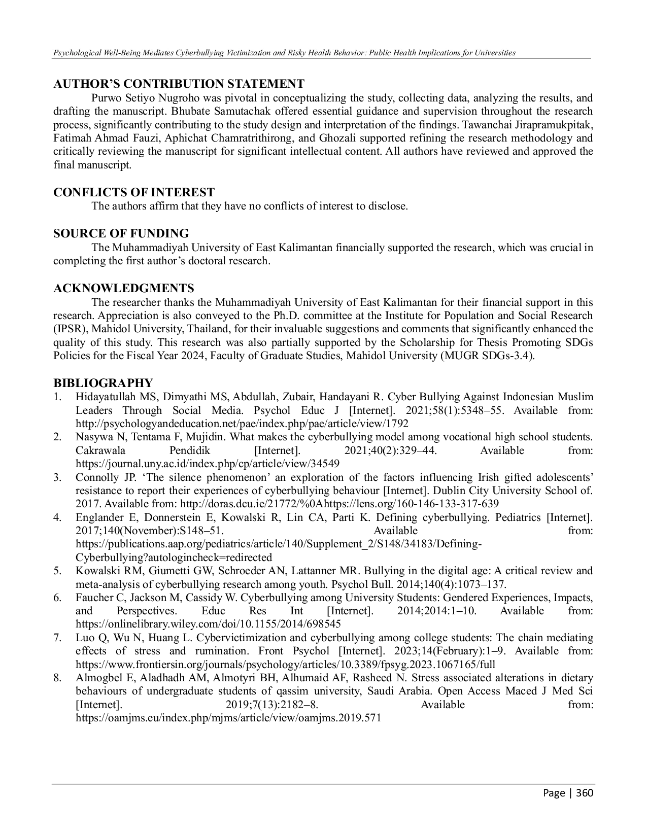 JURIS Psychological Well Being Mediates Cyberbullying Victimization and Risky Health Behavior Public Health Implications for Universities