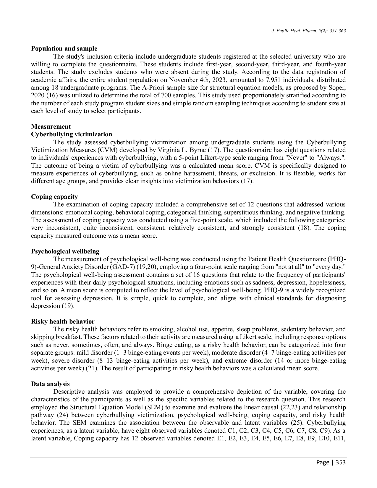 JURIS Psychological Well Being Mediates Cyberbullying Victimization and Risky Health Behavior Public Health Implications for Universities