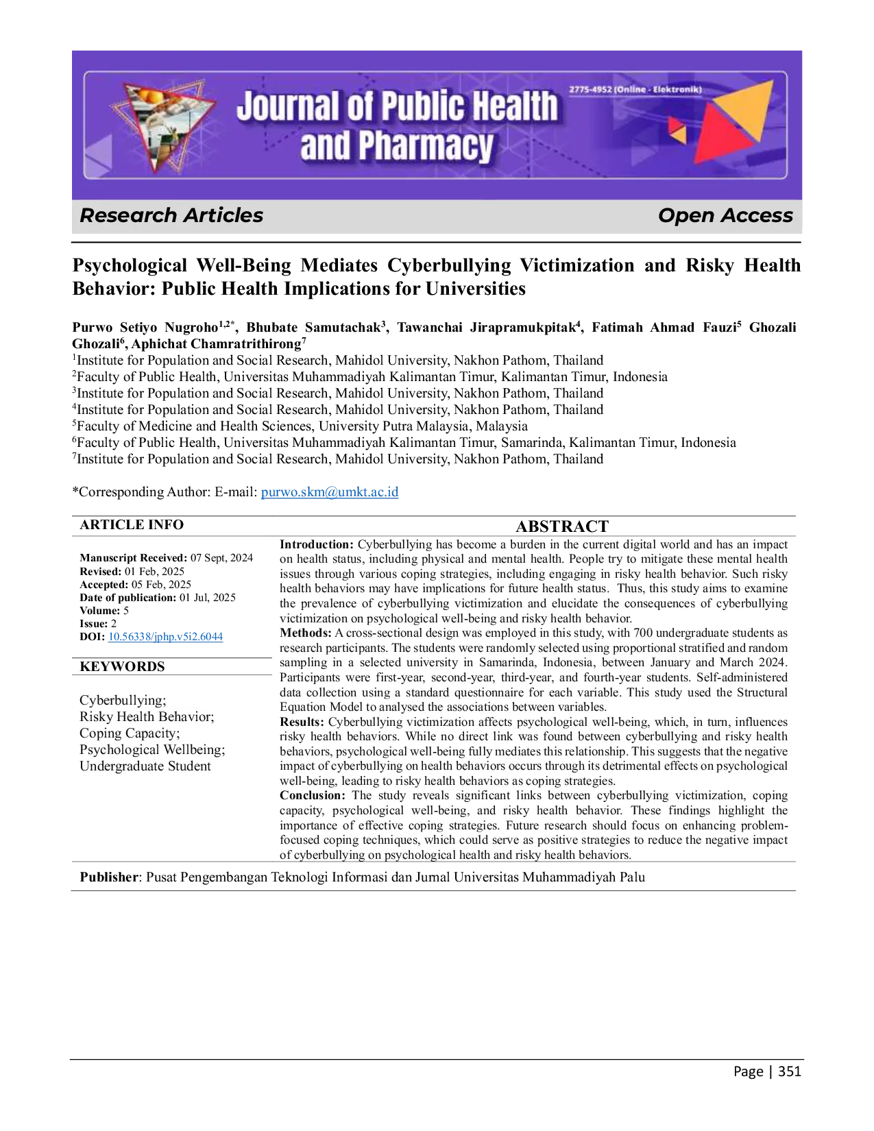 JURIS Psychological Well Being Mediates Cyberbullying Victimization and Risky Health Behavior Public Health Implications for Universities