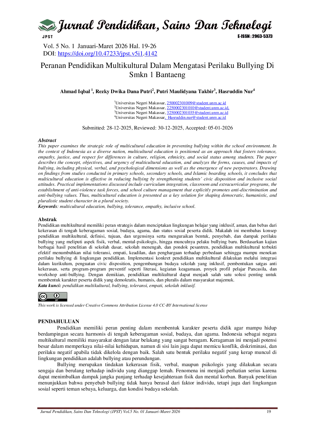 JURIS Peranan Pendidikan Multikultural Dalam Mengatasi Perilaku Bullying Di Smkn 1 Bantaeng