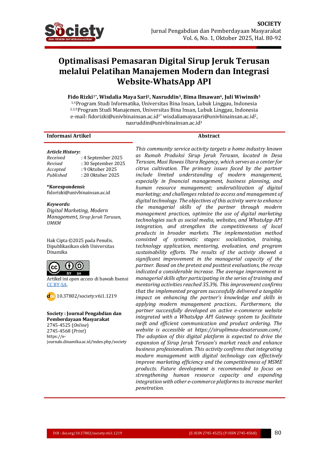 JURIS Optimalisasi Pemasaran Digital Sirup Jeruk Terusan Melalui Pelatihan Manajemen Modern Dan Integrasi Website WhatsApp Api