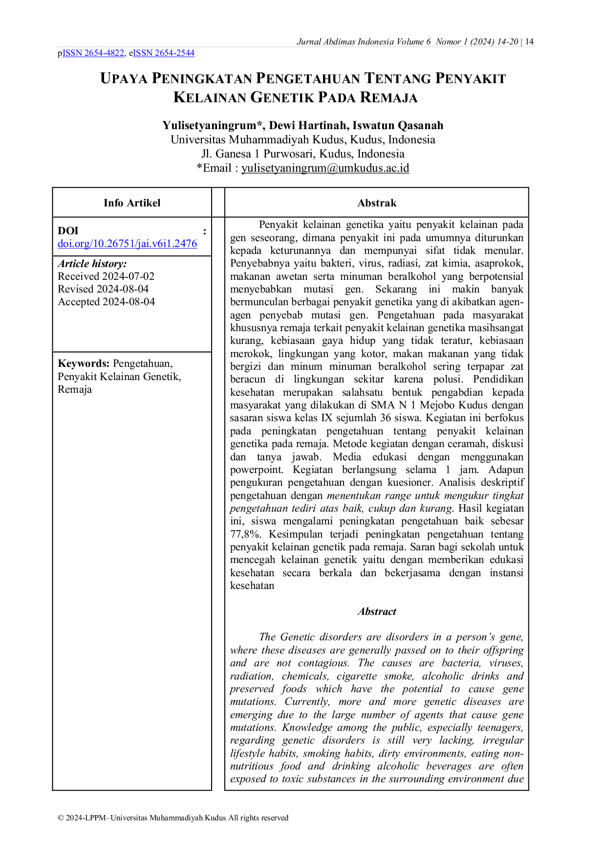 JURIS Upaya Peningkatan Pengetahuan Tentang Penyakit Kelainan Genetik Pada Remaja