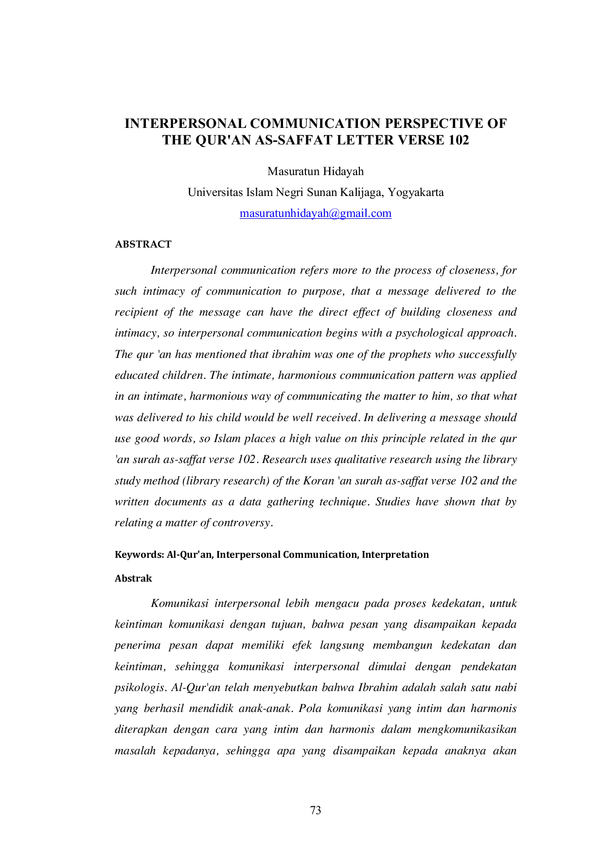 JURIS Interpersonal Communication Perspective Of The Qur an As Saffat Letter Verse 102