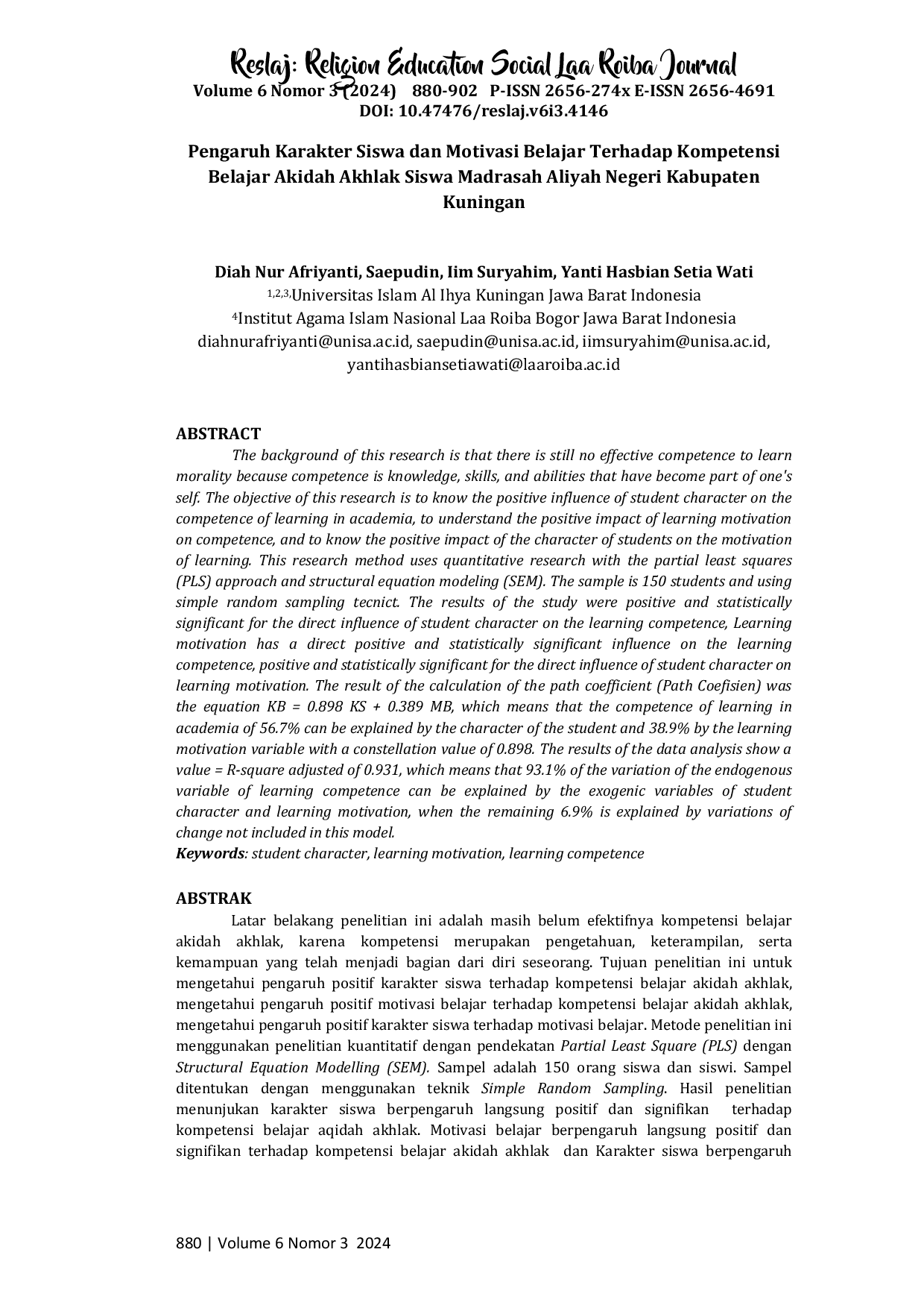 JURIS Pengaruh Karakter Siswa dan Motivasi Belajar Terhadap Kompetensi Belajar Akidah Akhlak Siswa Madrasah Aliyah Negeri Kabupaten Kuningan