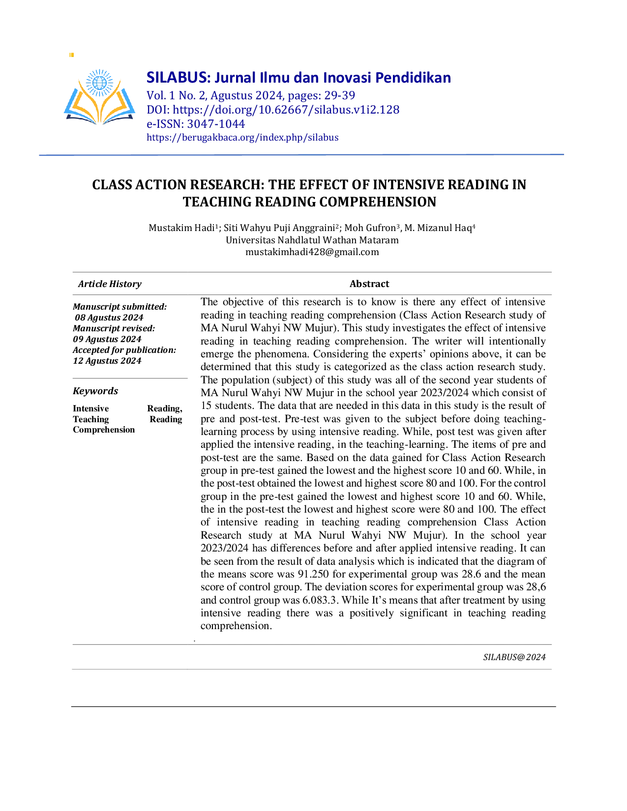 JURIS Class Action Research The Effect of Intensive Reading in Teaching Reading Comprehension