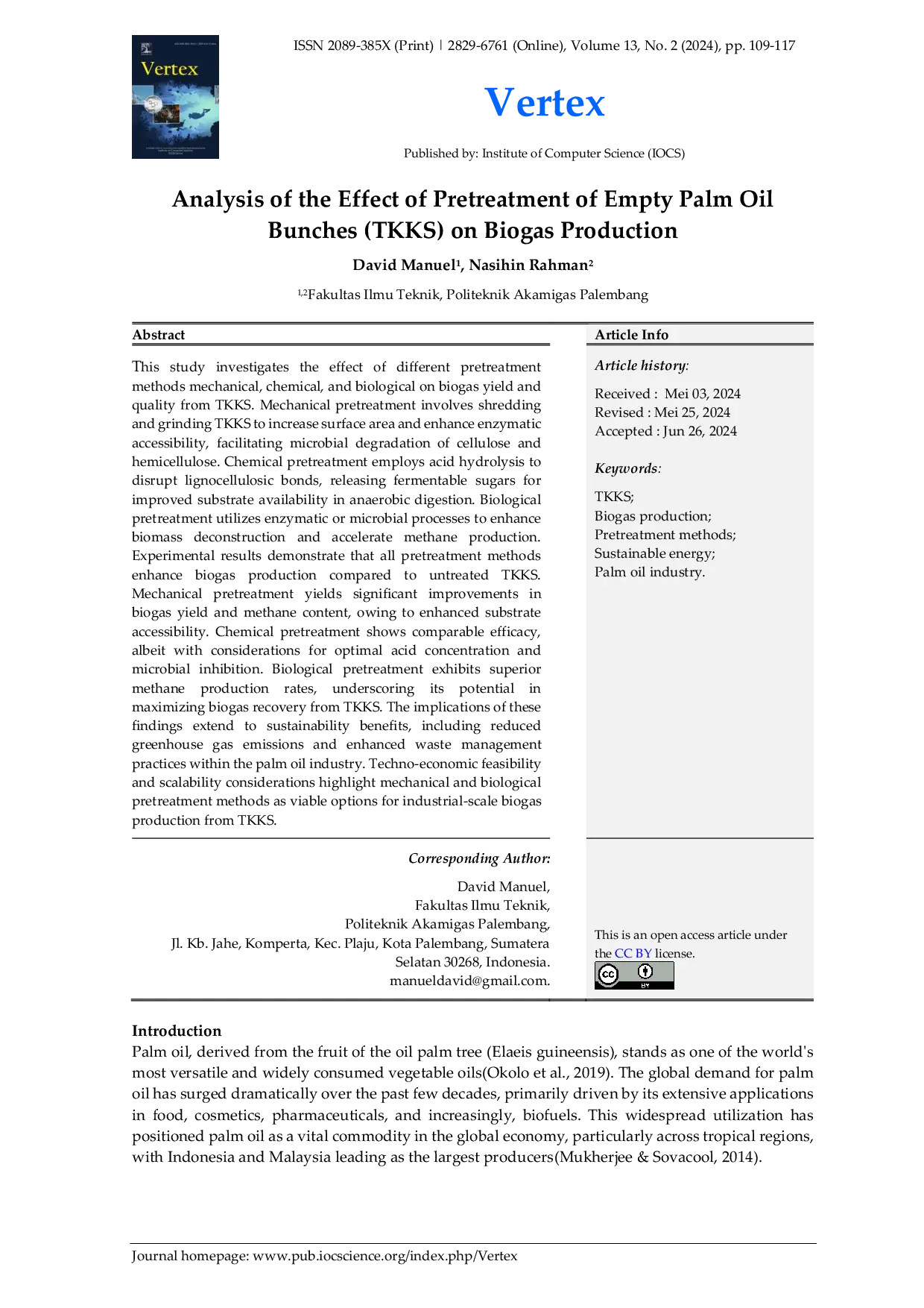 JURIS Analysis of the Effect of Pretreatment of Empty Palm Oil Bunches TKKS on Biogas Production