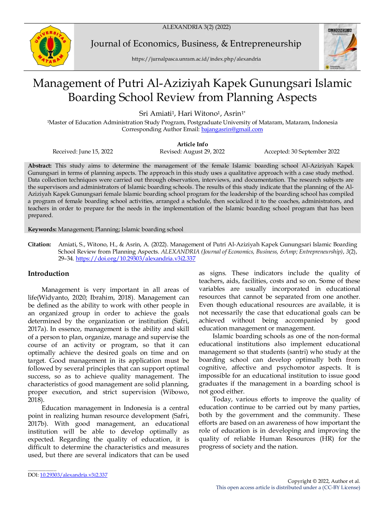 JURIS Management of Putri Al Aziziyah Kapek Gunungsari Islamic Boarding School Review from Planning Aspects