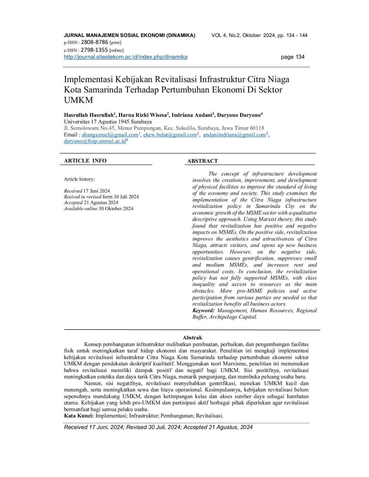JURIS Implementasi Kebijakan Revitalisasi Infrastruktur Citra Niaga Kota Samarinda Terhadap Pertumbuhan Ekonomi Di Sektor UMKM