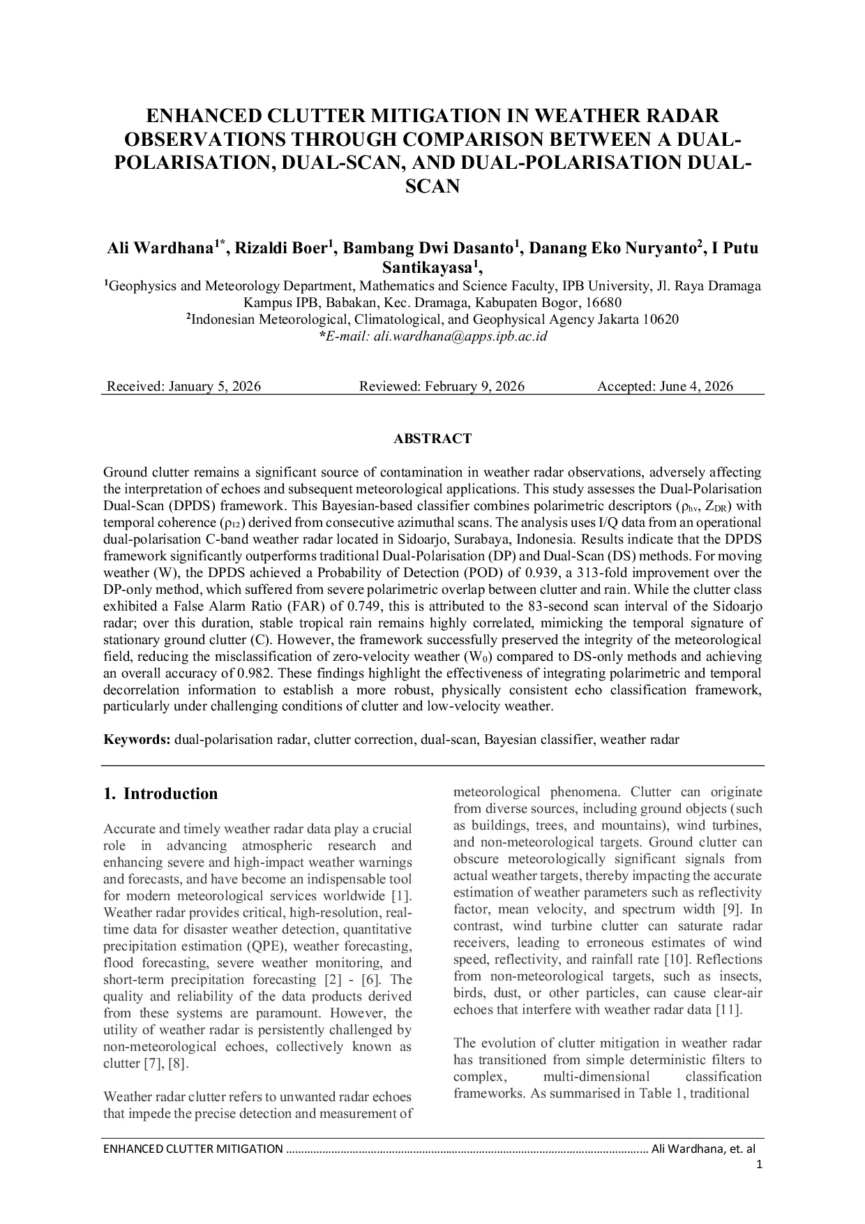 JURIS Enhanced Clutter Mitigation in Weather Radar Observations Through Comparison Between a Dual Polarisation Dual Scan and Dual Polarisation Dual Scan