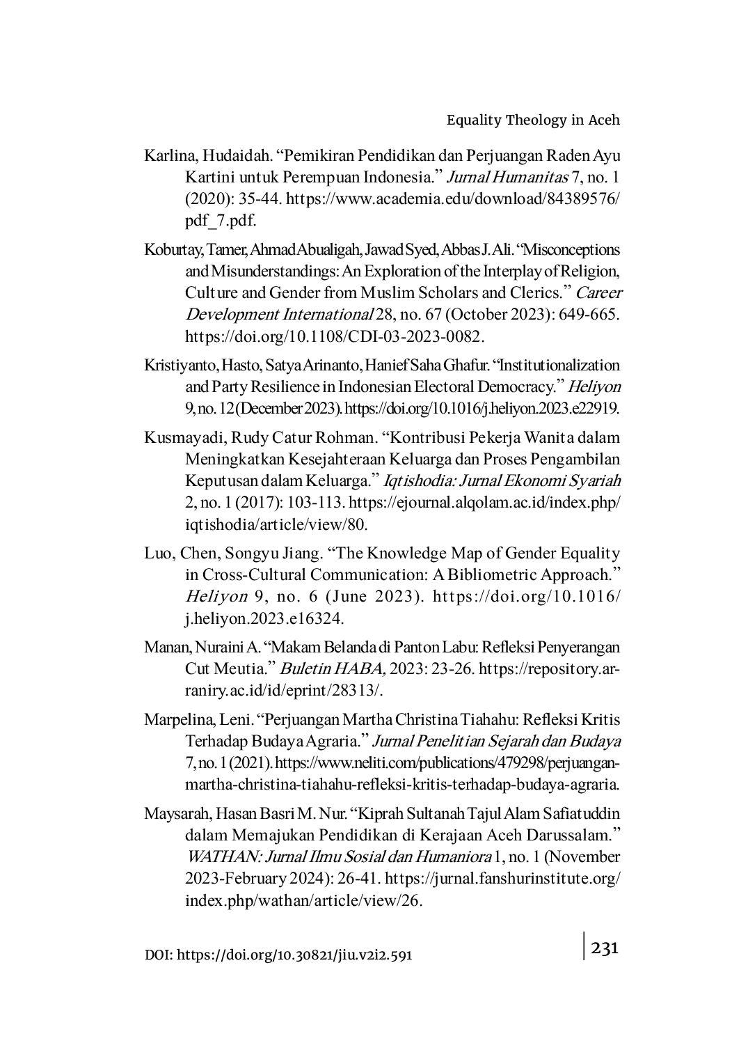 JURIS Equality Theology in Aceh Revisiting Sheikh Abd al Ra f al Singkil s Thoughts on Gender Equality