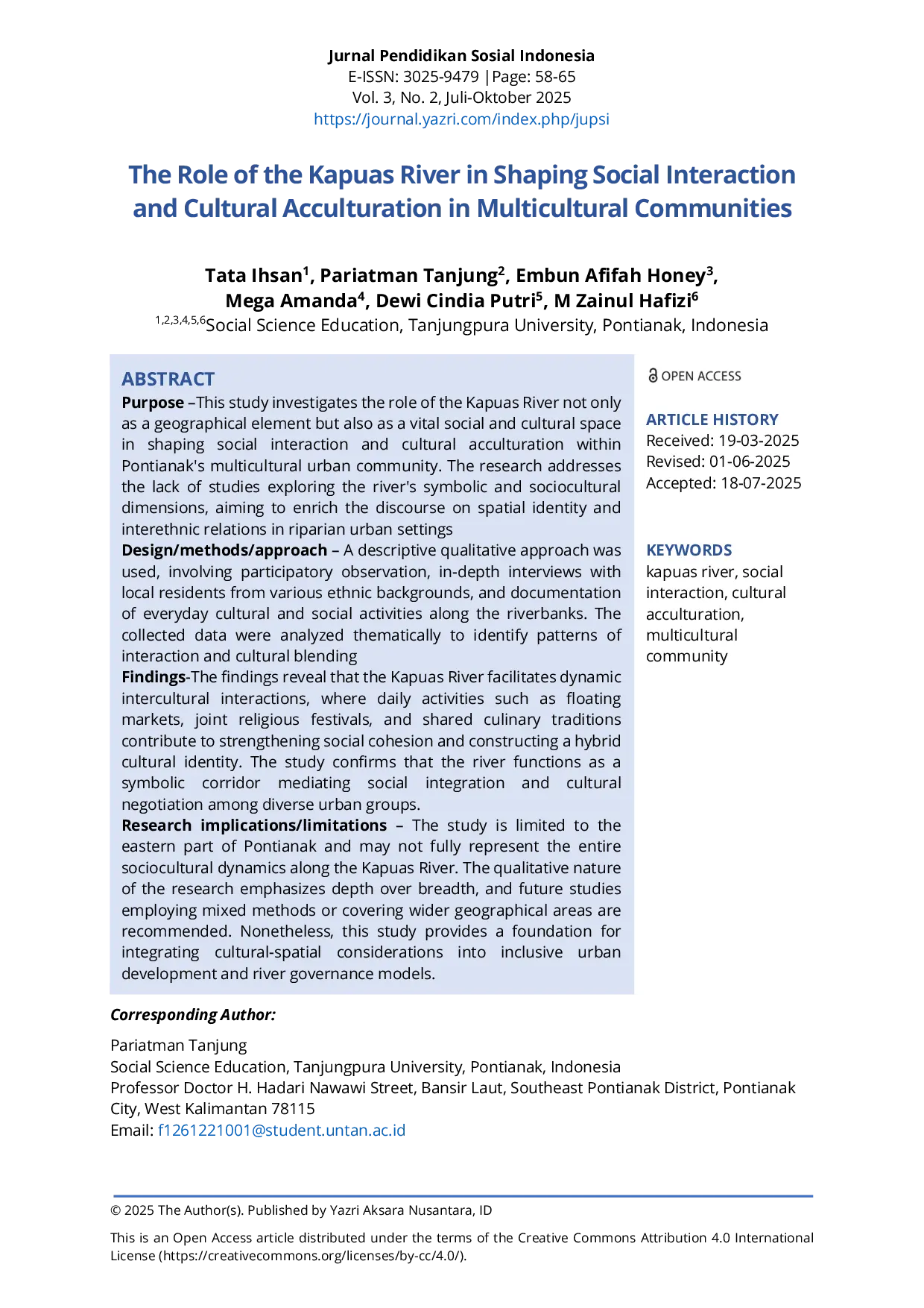 JURIS The Role of the Kapuas River in Shaping Social Interaction and Cultural Acculturation in Multicultural Communities
