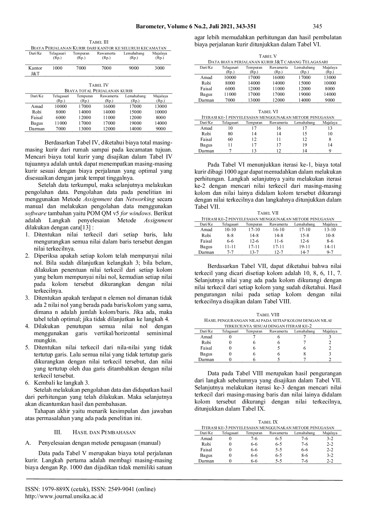 JURIS Analisis Optimalisasi Penempatan Dan Efisiensi Jarak Perjalanan Kurir Ke Berbagai Tujuan Dengan Metode Assignment Dan Networking