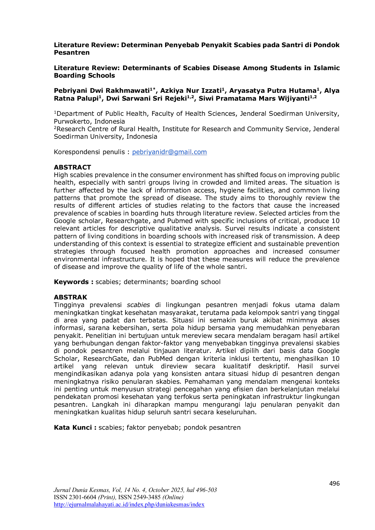 JURIS Literature Review Determinan Penyebab Penyakit Scabies pada Santri di Pondok Pesantren
