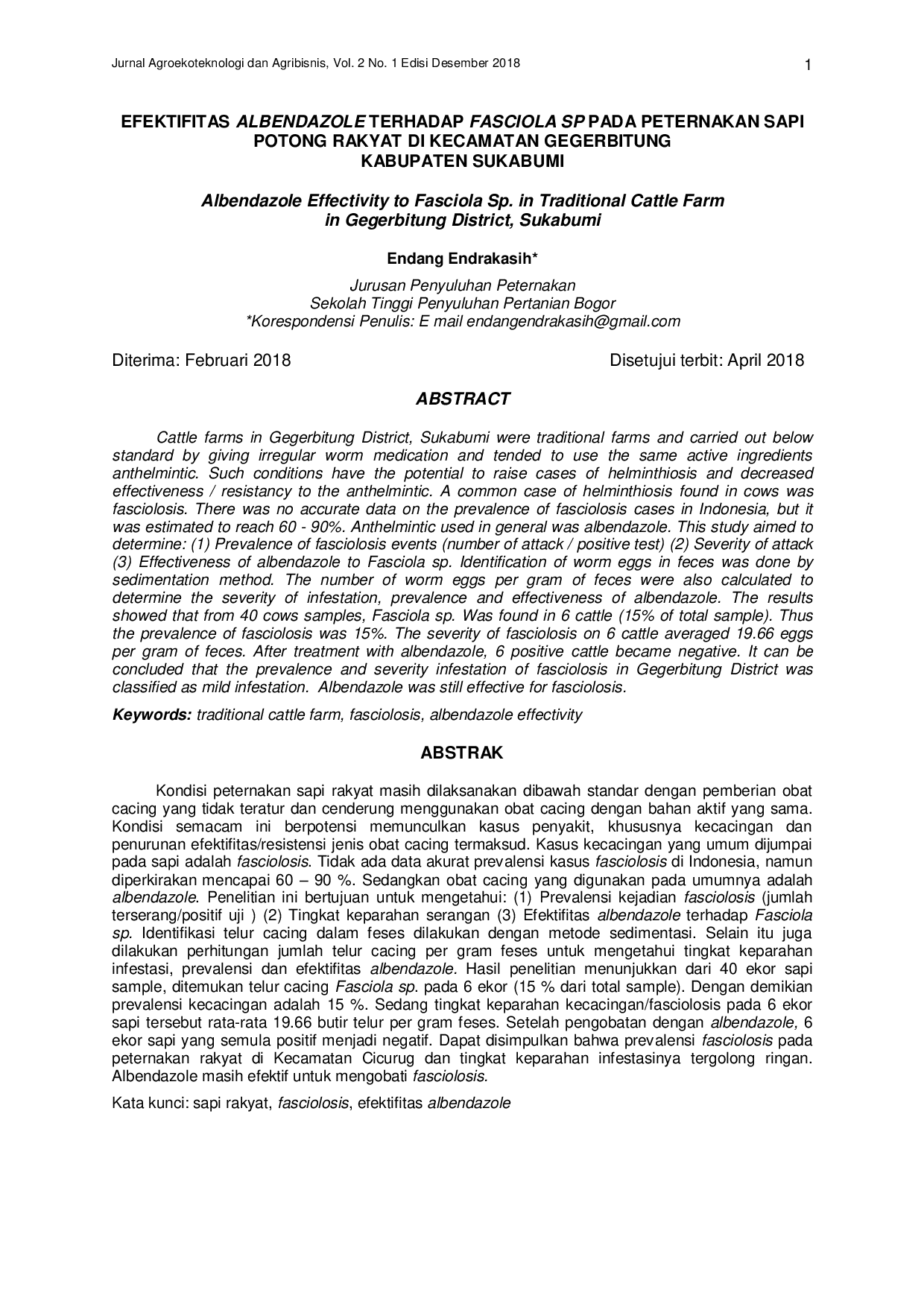 JURIS Efektivitas Albendazole Terhadap Fasciola Sp Pada Peternakan Sapi Potong Rakyat di Kecamatan Gegerbitung Kabupaten Sukabumi