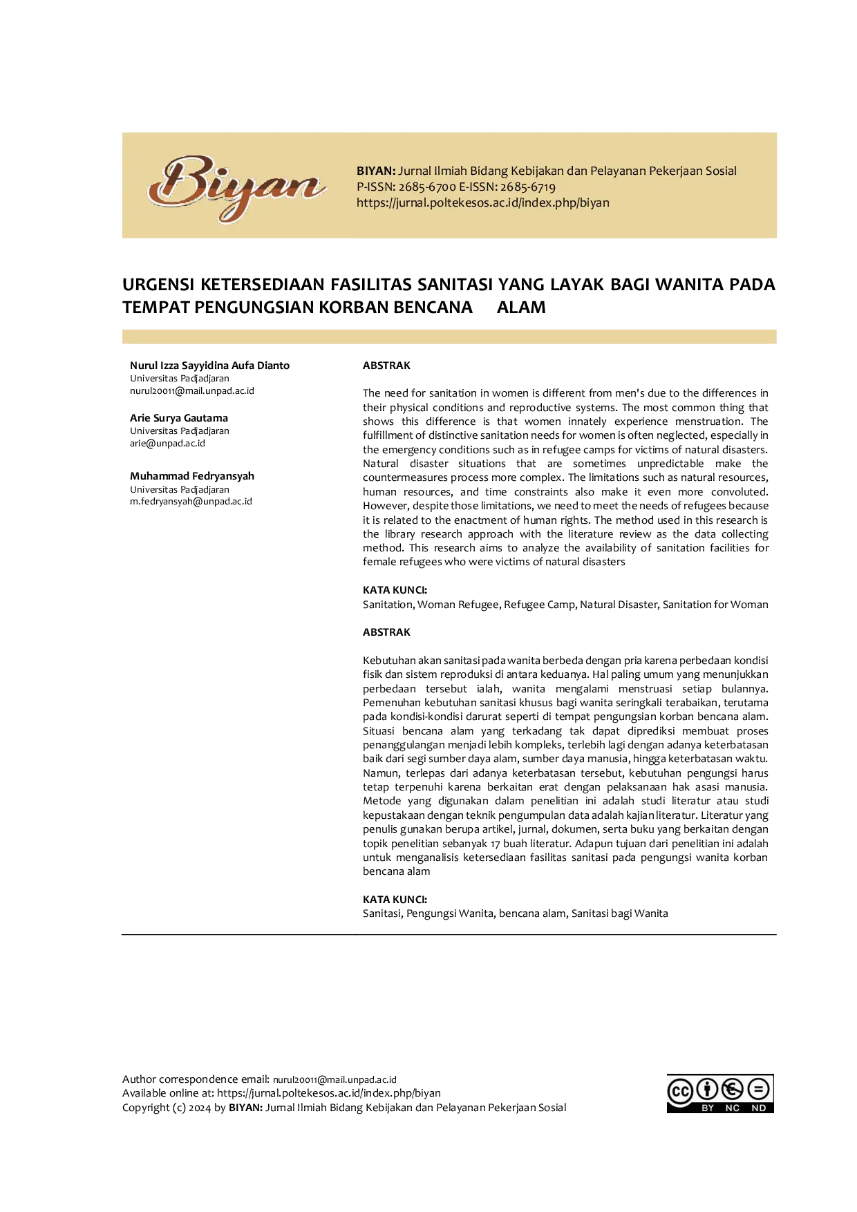 JURIS Urgensi Ketersediaan Fasilitas Sanitasi Yang Layak Bagi Wanita Pada Tempat Pengungsian Korban Bencana Alam