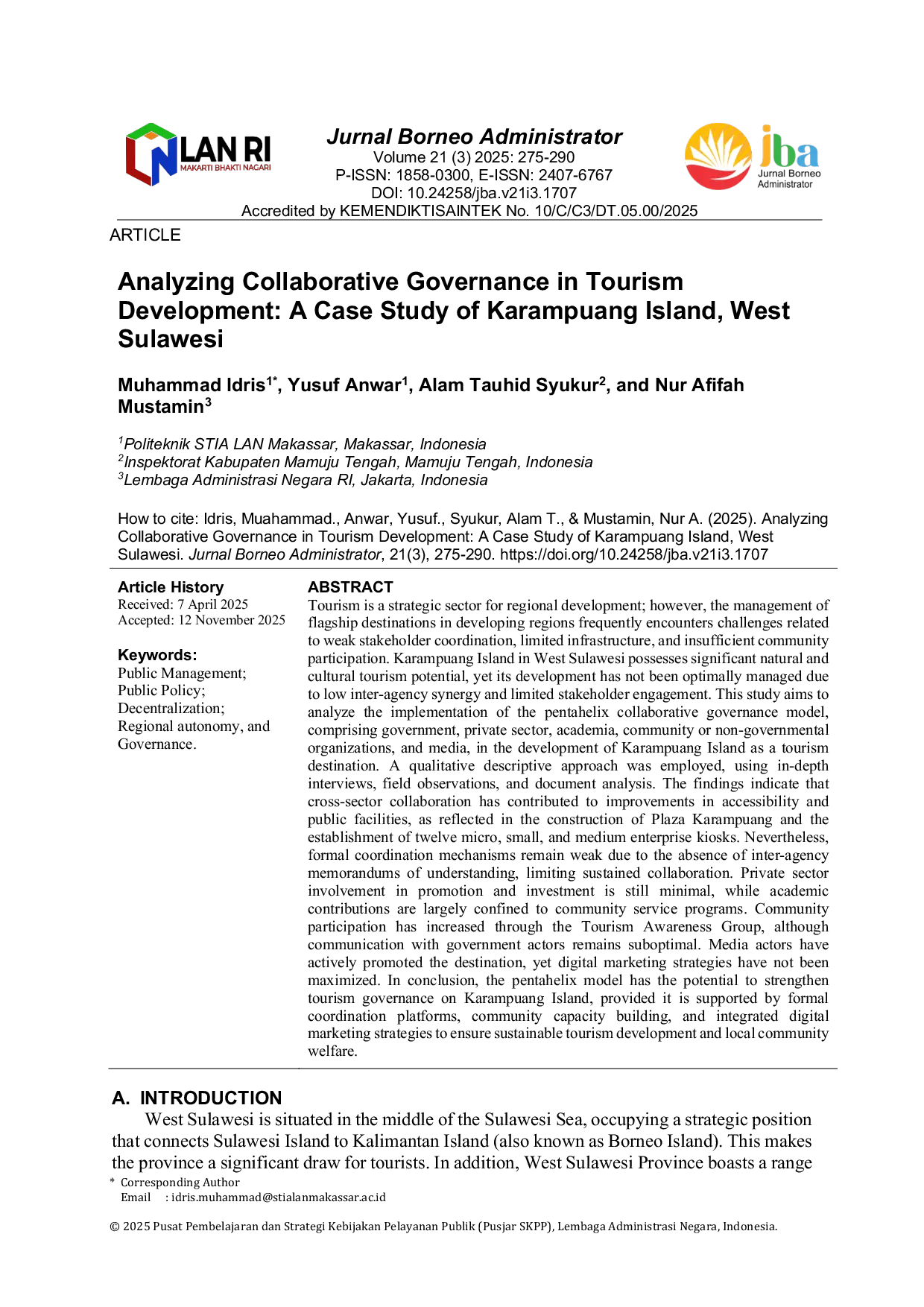 JURIS Analyzing Collaborative Governance in Tourism Development A Case Study of Karampuang Island West Sulawesi