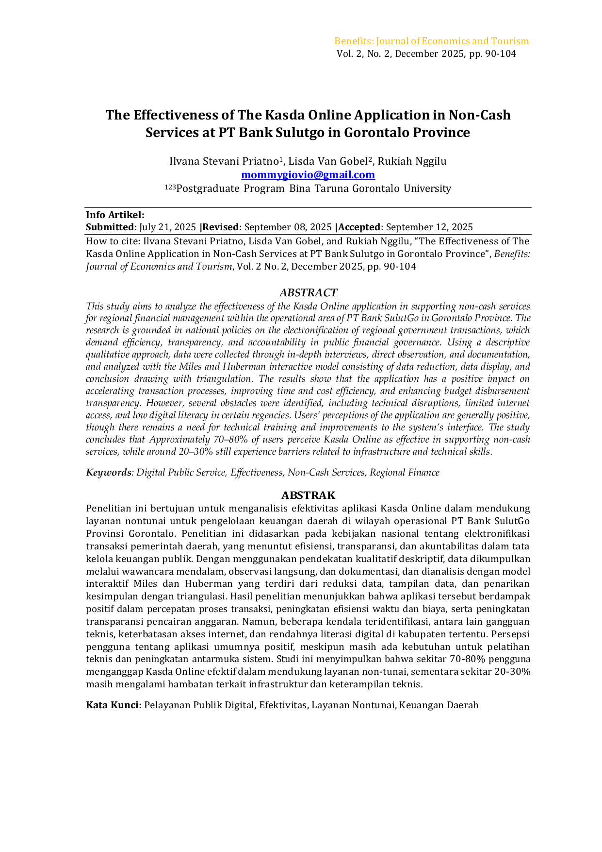 JURIS Efektivitas Penggunaan Aplikasi Kasda Online Dalam Pelayanan Non Tunai Pada PT Bank Sulutgo Wilayah Provinsi Gorontalo